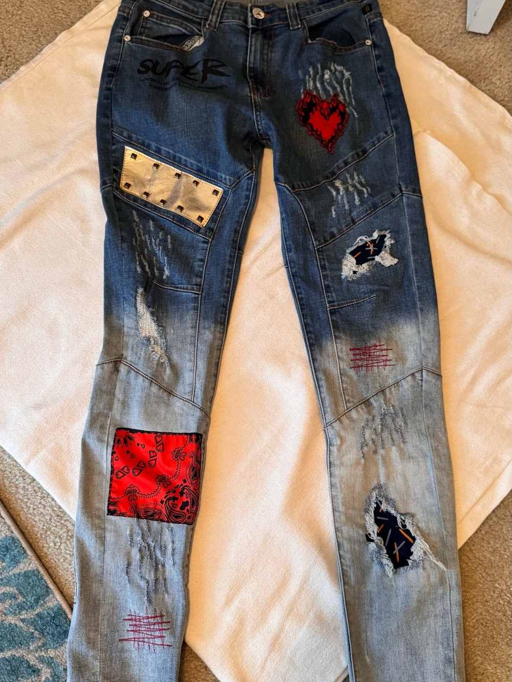 KLEEP Distressed Patchwork Denim Jeans with Red Bandana & Heart Patch